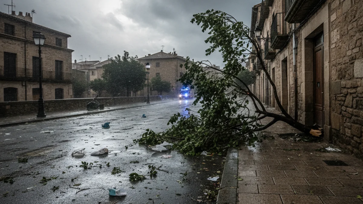 Generic image of a street with debris and intense wind during a storm.