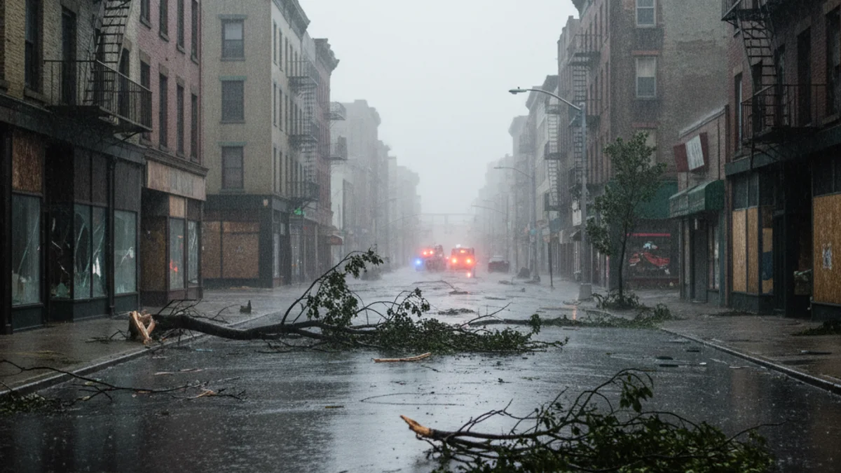 Un carrer buit amb branques d'arbres a terra a causa del fort vent.