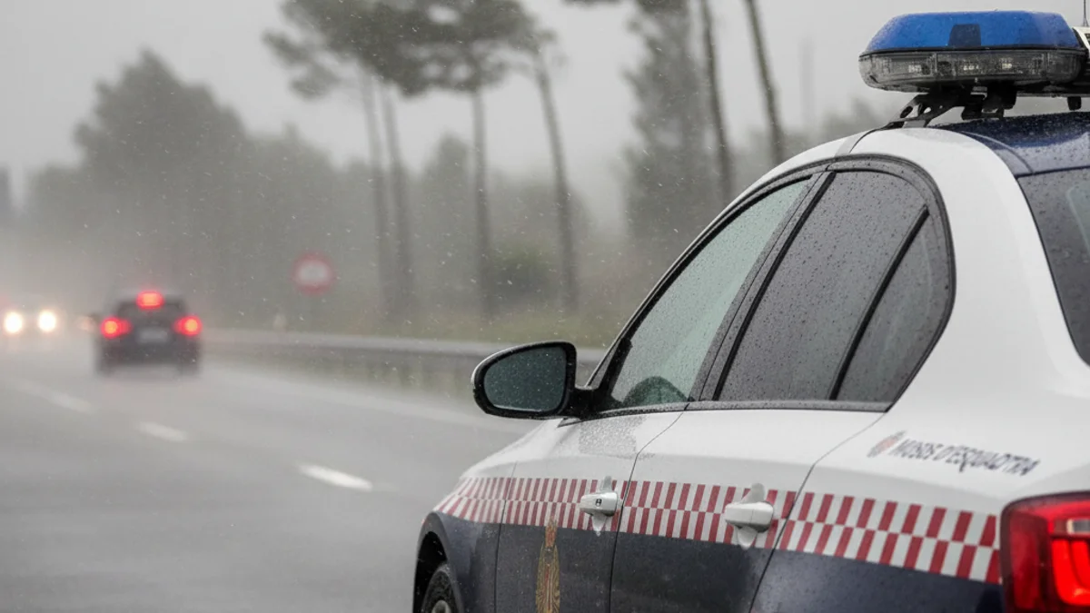 Imatge genèrica d'un vehicle dels Mossos d'Esquadra en una carretera durant un temporal.