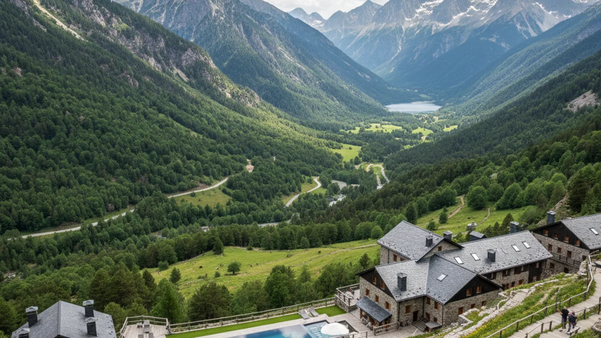 Vista genèrica d'una estació d'esquí o un paisatge de muntanya al Pirineu amb allotjaments turístics.