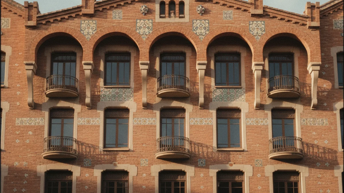 Imatge genèrica de la façana d'un edifici modernista amb detalls de maó vist.