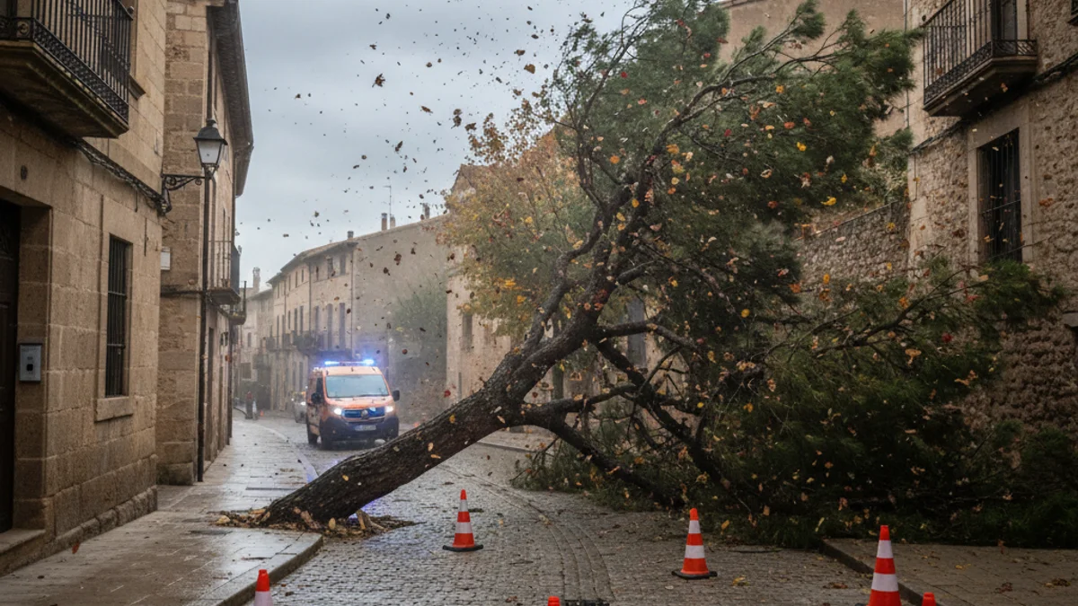 Imatge genèrica d'un carrer afectat per fortes ràfegues de vent amb restes de vegetació i senyalització d'emergència.