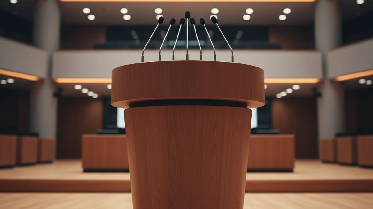 Generic image of a podium with microphones at a political event in Barcelona.