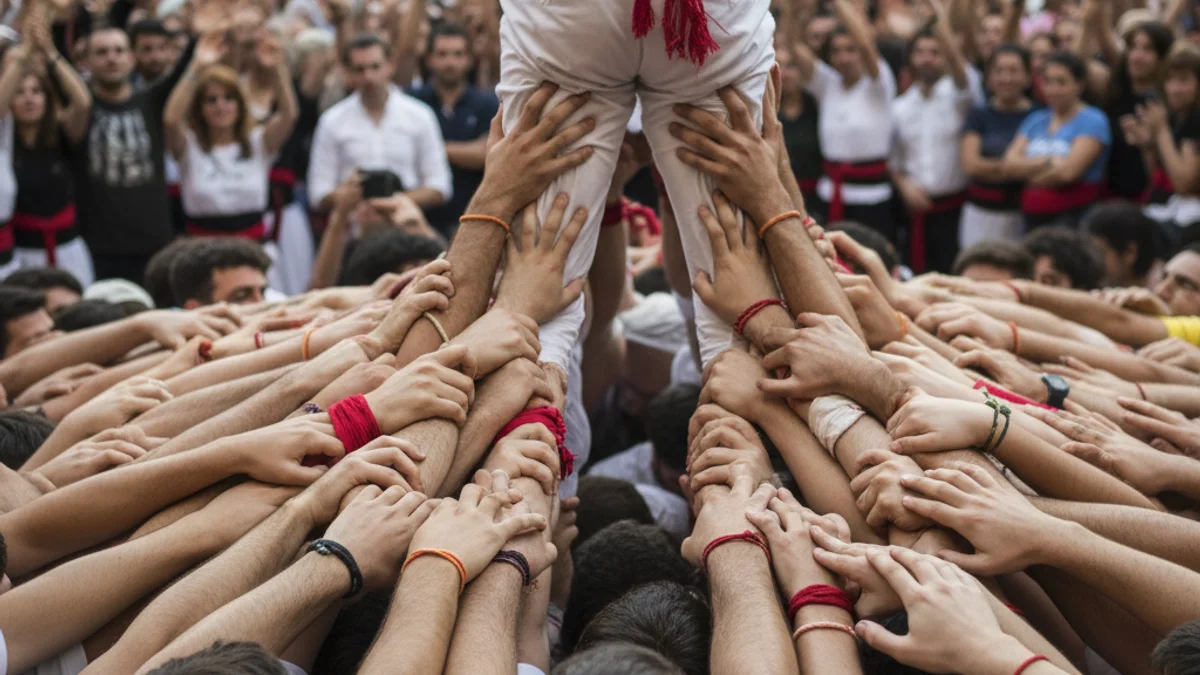Imatge genèrica d'una colla castellera fent un castell humà en una plaça.