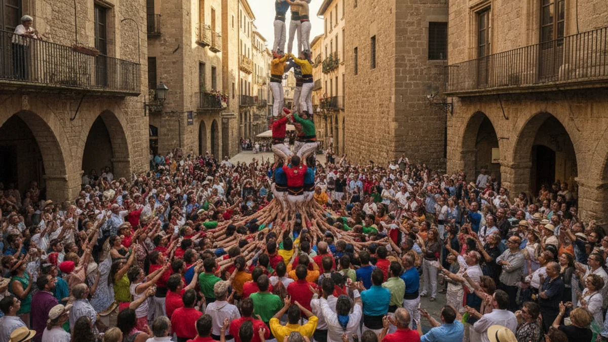 Imagen genérica de una colla castellera levantando una estructura en una plaza.