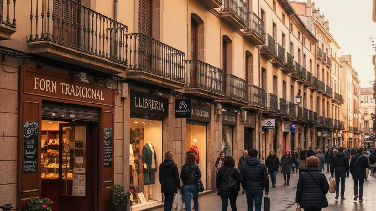 Imatge genèrica d'un eix comercial de barri amb botigues de proximitat.