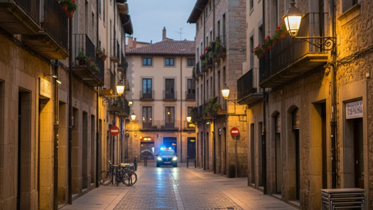 Imagen genérica de una calle tranquila con luces policiales azules difuminadas al fondo.
