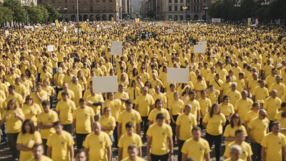 Manifestació de docents amb samarretes grogues en una plaça urbana.