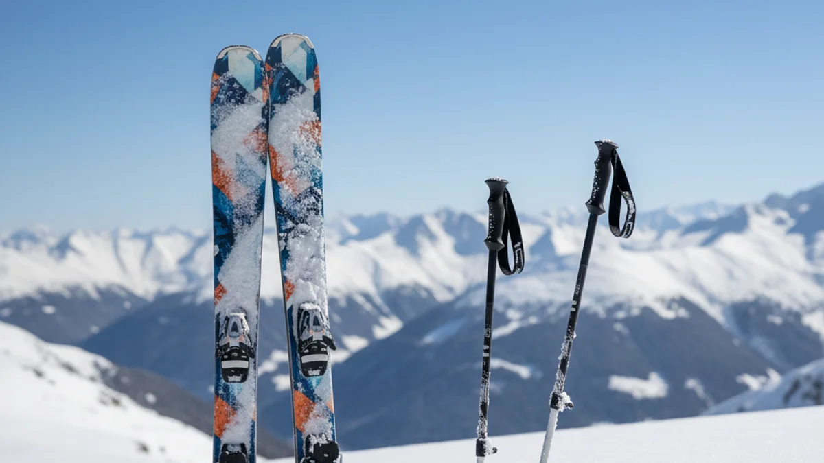 Detall d'uns esquís de competició clavats a la neu en una estació d'alta muntanya.