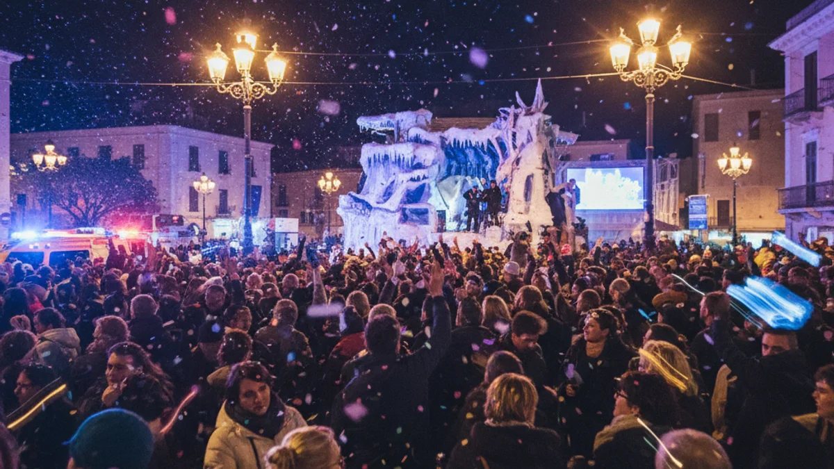 Generic image of a nocturnal Carnival celebration with confetti and illuminated floats.