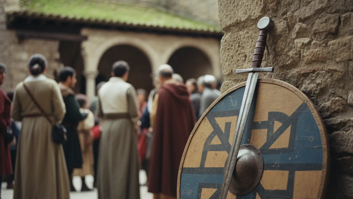 Imatge genèrica d'elements de recreació històrica medieval amb una espasa i un escut.