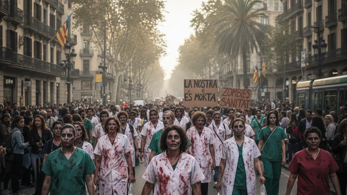 Imatge genèrica de metges protestant disfressats de zombis pels carrers de Barcelona.
