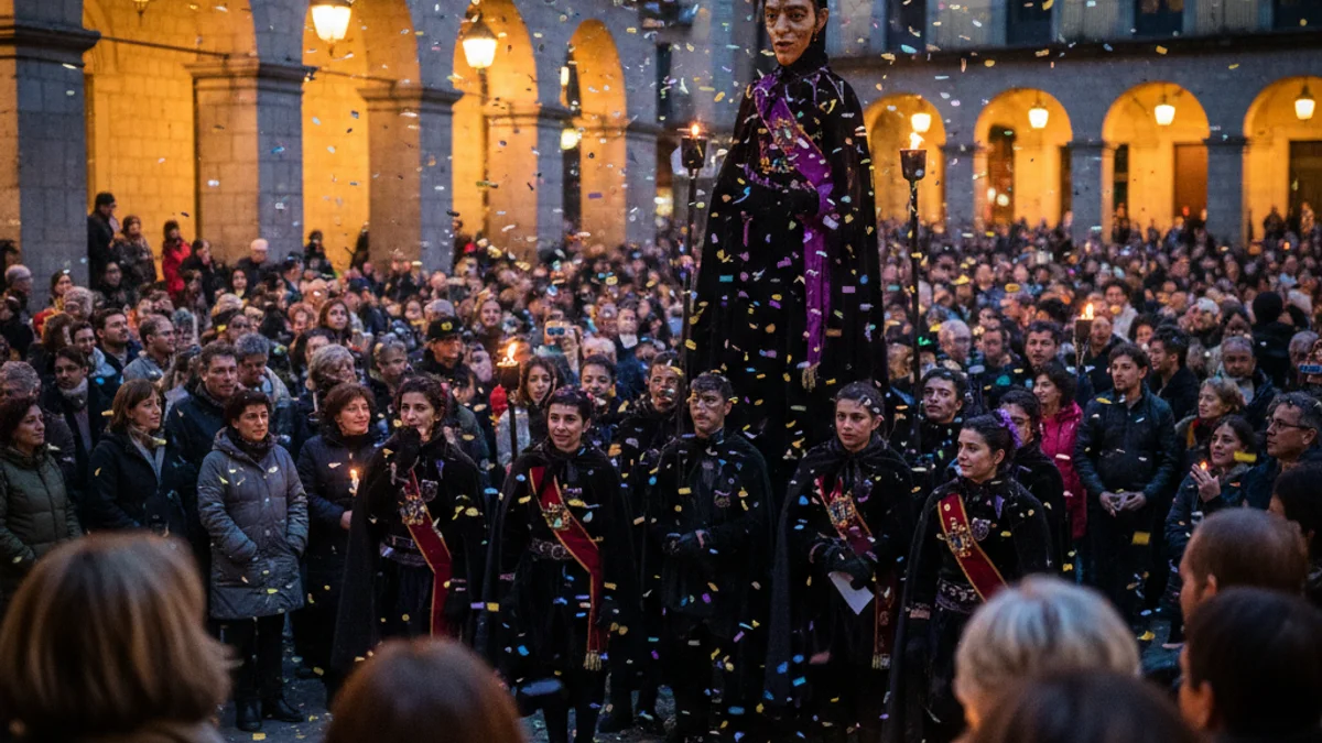 Imatge genèrica d'una celebració de Carnaval en una plaça històrica amb confeti i llums càlides.