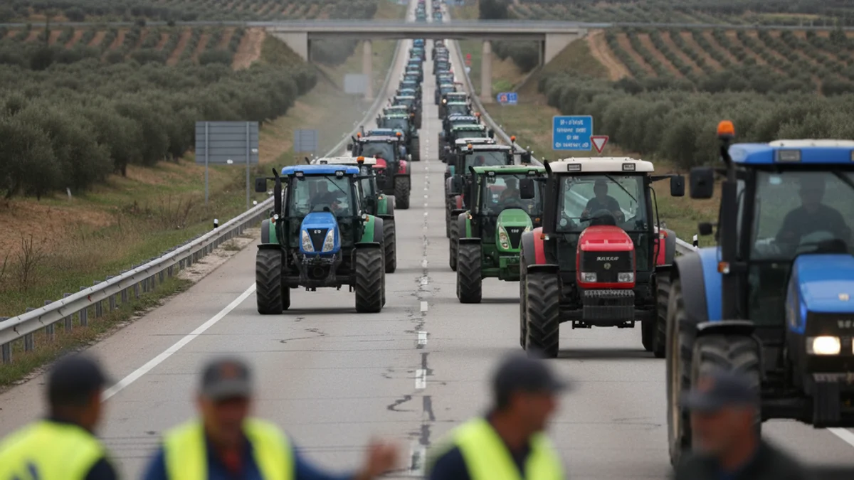 Imatge genèrica d'una columna de tractors avançant lentament per una carretera catalana durant una protesta.
