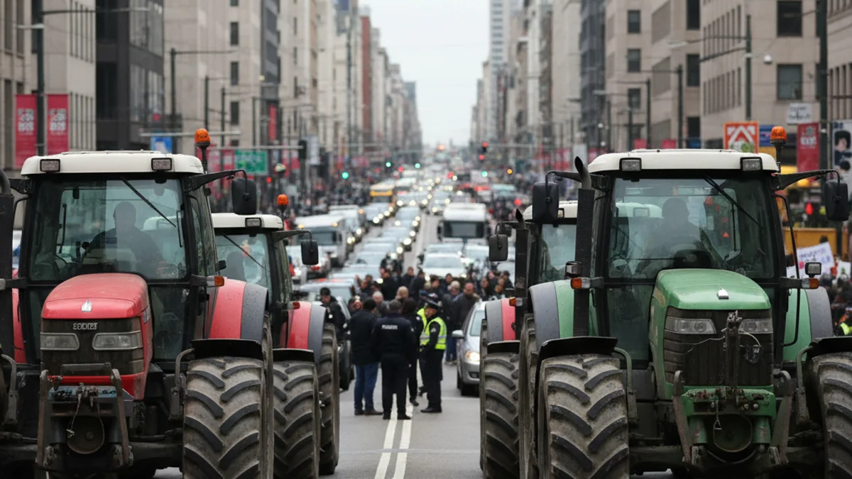 Imatge genèrica de tractors aparcats en una gran avinguda urbana durant una protesta agrícola.