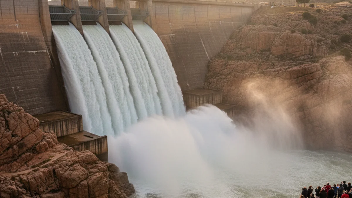 Imagen genérica del agua saliendo con fuerza por las compuertas de un gran embalse.
