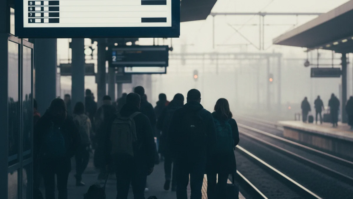 Passatgers esperant a l'andana d'una estació de tren amb pantalles informatives digitals.