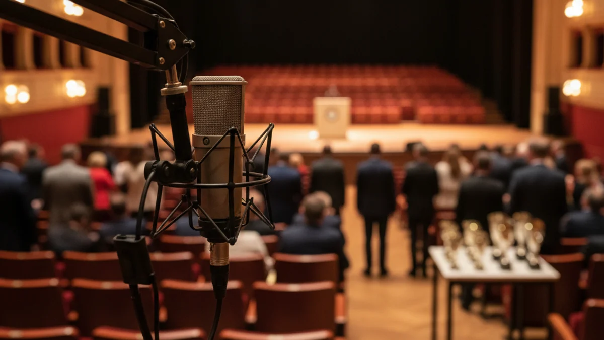 Imatge genèrica d'un micròfon de ràdio professional en un escenari d'un auditori.