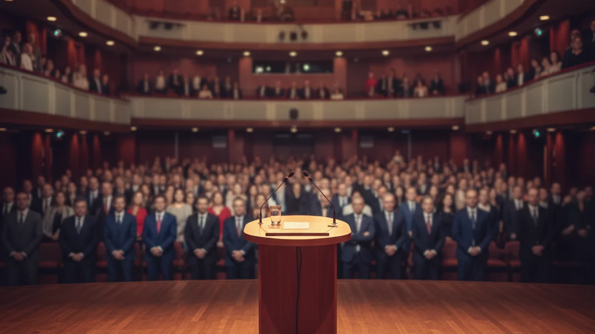 Imatge genèrica de l'escenari d'un auditori preparat per a una gala de lliurament de premis.