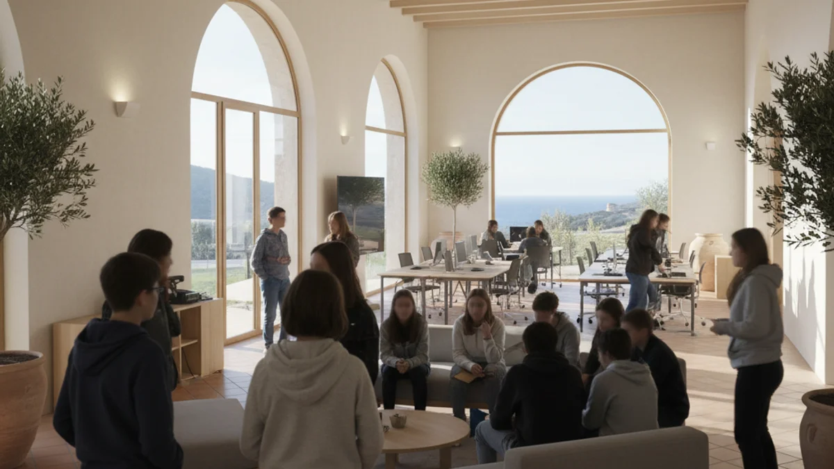 Imatge d'un centre d'orientació juvenil amb siluetes de joves consultant informació.