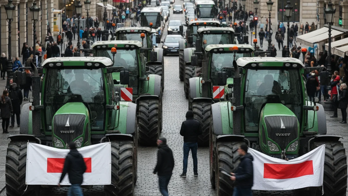 Tractors de gran cilindrada aparcats en una avinguda cèntrica de Barcelona durant una protesta agrària.