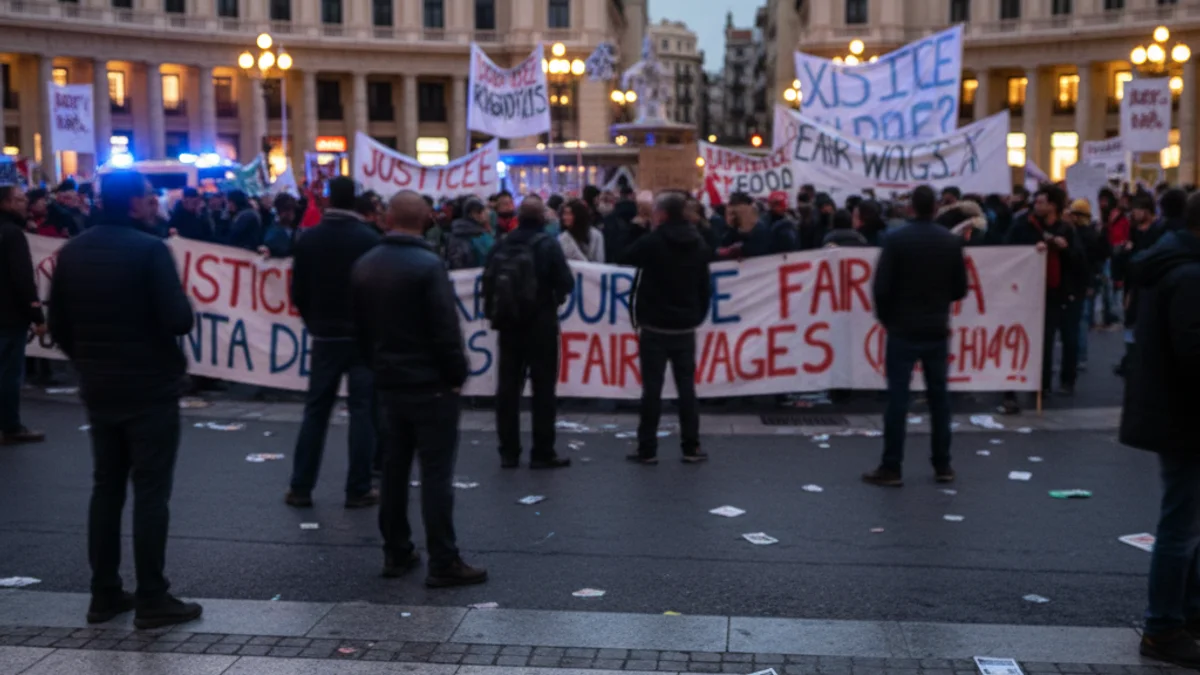 Imatge genèrica d'una concentració de treballadors en una plaça urbana durant una jornada de vaga.