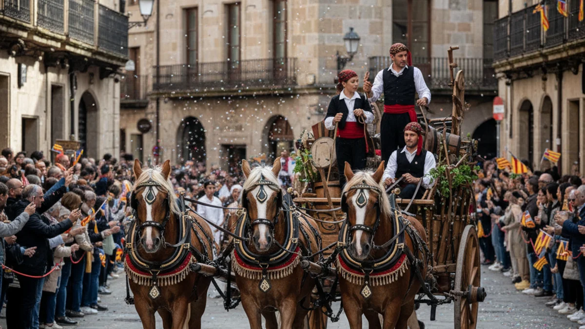 Imatge d'una cavalcada tradicional amb carros i animals, omplint els carrers d'una vila catalana.
