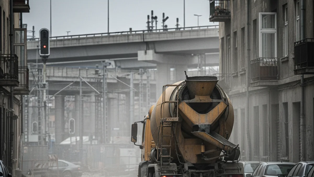 Imatge genèrica d'un camió d'obres circulant prop d'uns habitatges en un entorn urbà afectat per construccions ferroviàries.