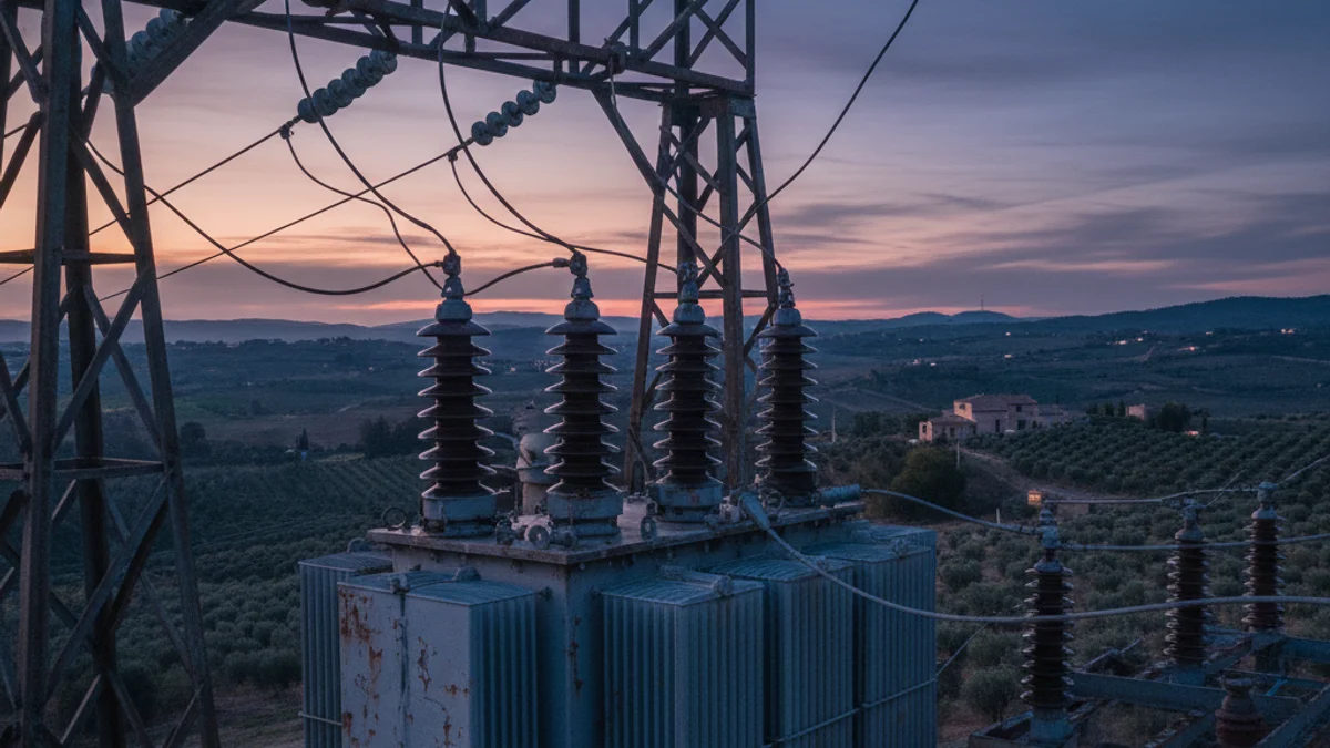 Generic image of electrical grid infrastructure with wires and insulators.