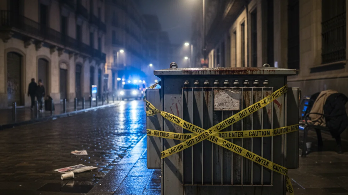 Imatge genèrica d'un carrer fosc amb un transformador elèctric precintat durant una apagada.
