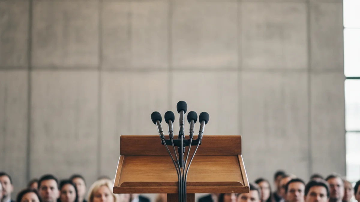 Imagen genérica de unos micrófonos en un podio durante una rueda de prensa institucional.