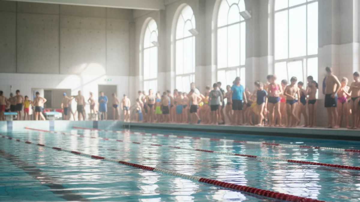 Imatge genèrica d'una piscina municipal durant una competició de natació escolar.