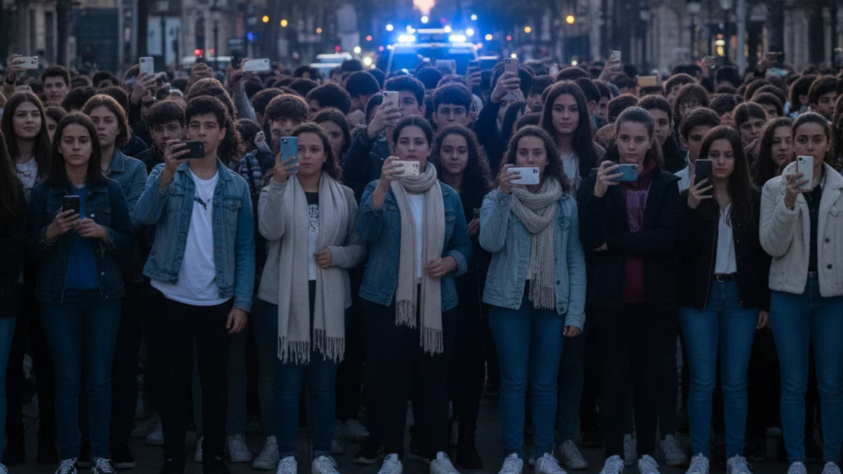 Imatge genèrica d'una multitud de joves amb telèfons mòbils en un passeig urbà durant el vespre.