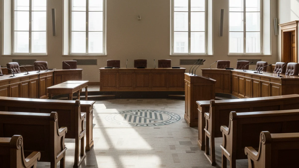 Generic image of an empty municipal plenary hall with microphones on the lecterns.