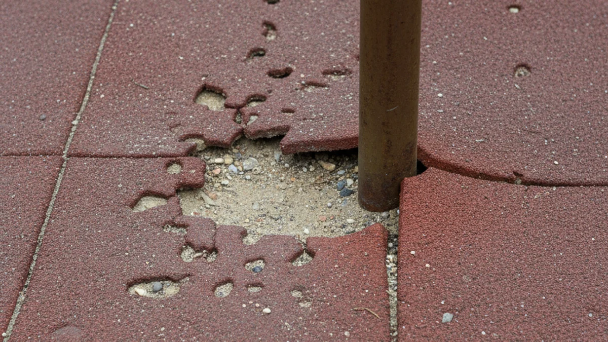 Imatge genèrica d'un parc infantil amb el paviment de cautxú desgastat i un gronxador tancat.