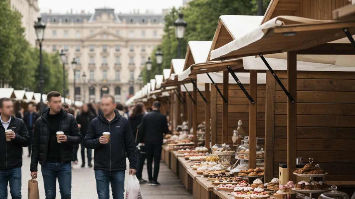 Estands de pastisseria en una fira a l'aire lliure a la Rambla.