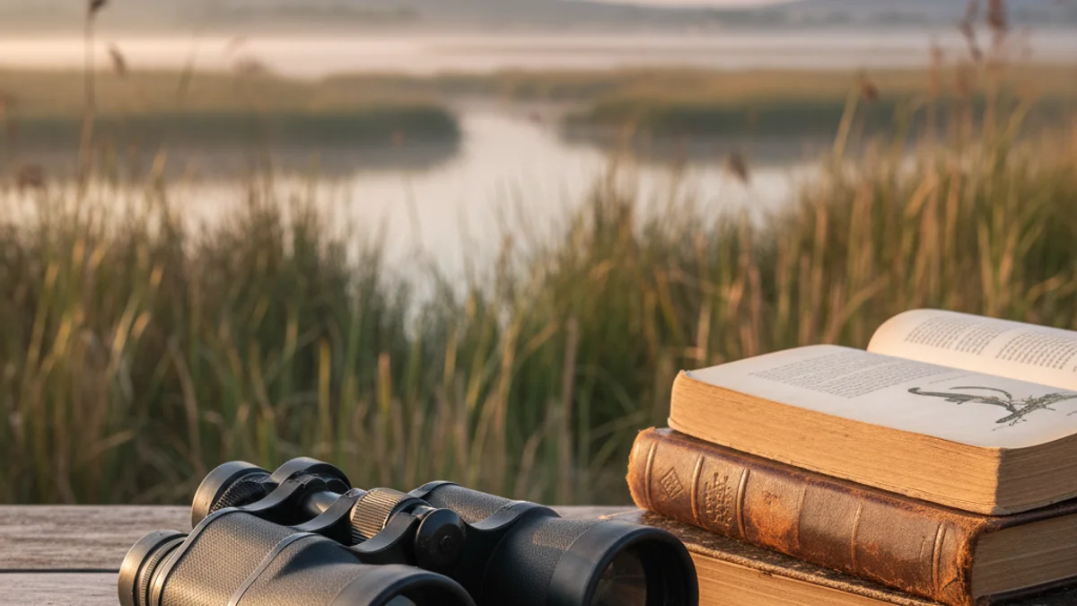 Imatge genèrica d'uns prismàtics sobre una taula amb llibres, simbolitzant l'ornitologia i la literatura.