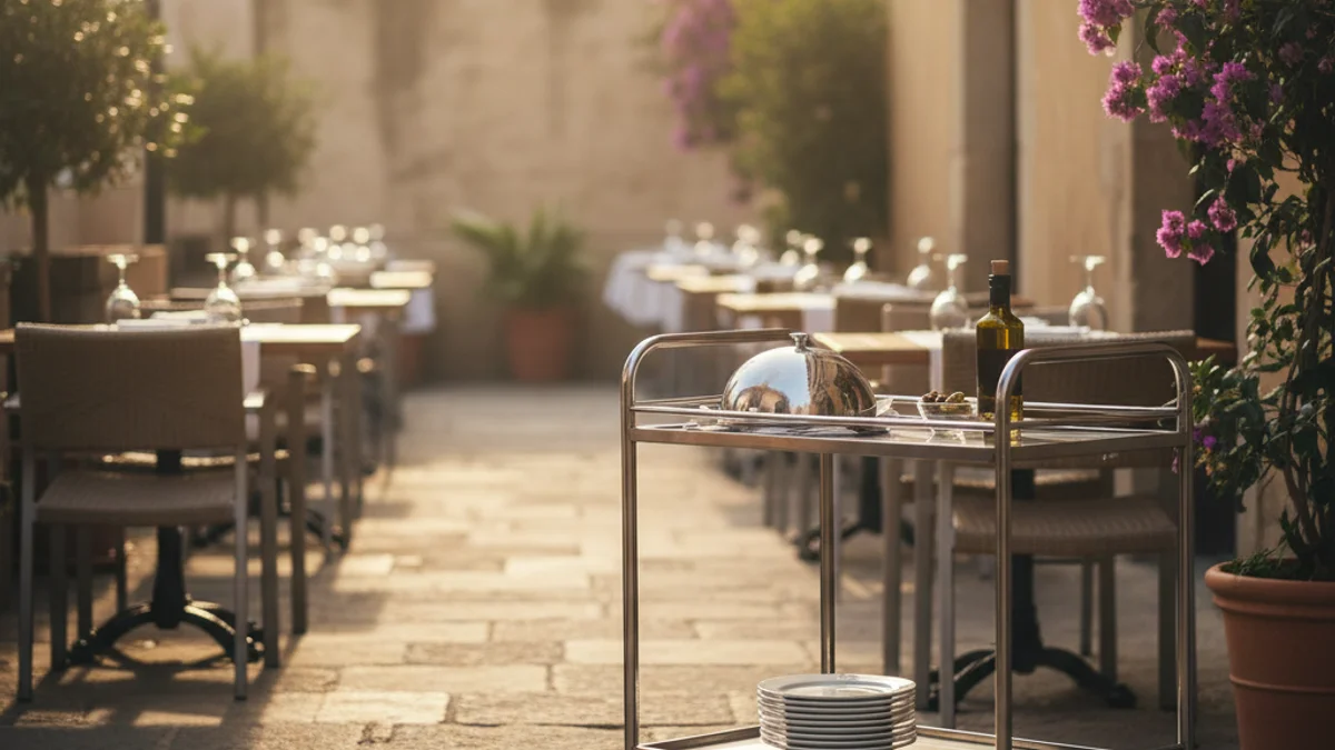 Imatge genèrica d'un carro de servei en una terrassa de restaurant.