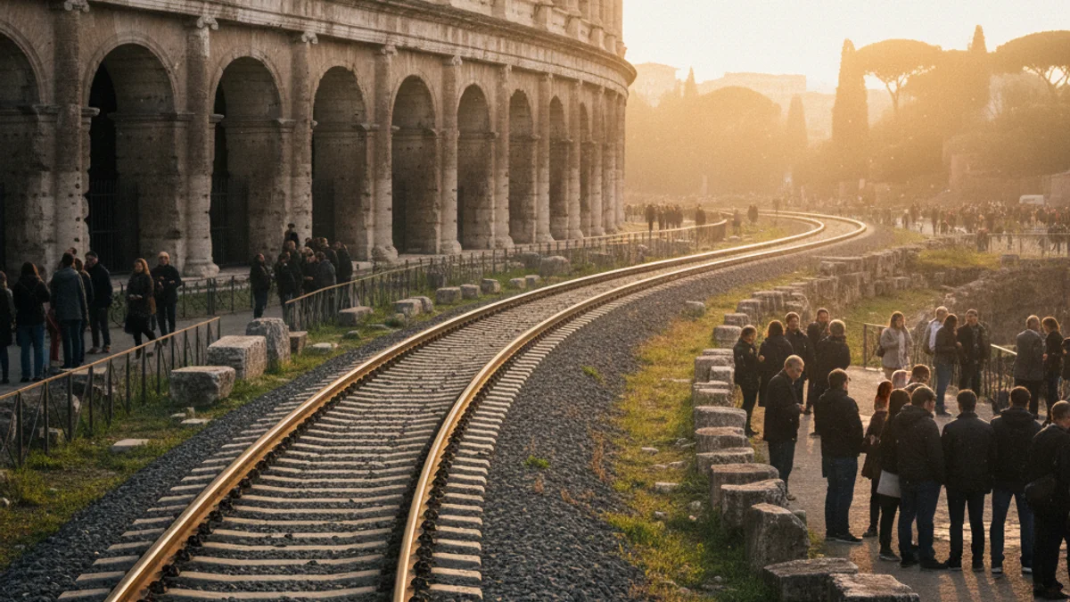 Imatge genèrica de les vies del tren a prop d'un monument històric.