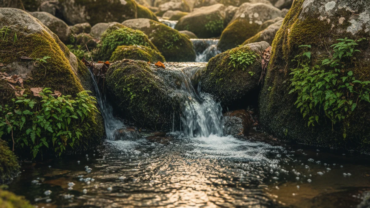 Imatge d'un bosc mediterrani amb una font d'aigua natural brollant entre roques.
