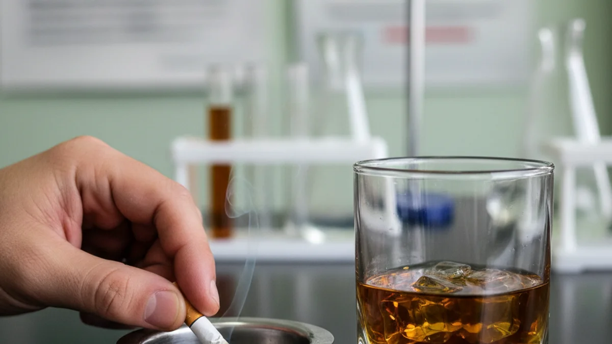 Representació visual de factors de risc per a la salut, com ara cigarrets i begudes alcohòliques, sobre un fons mèdic.