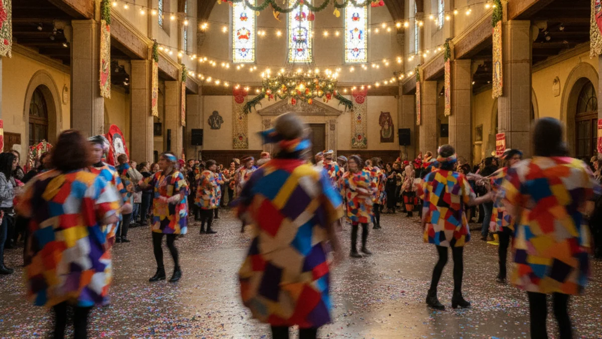 Generic image of a party hall decorated for a Carnival celebration with confetti and colored lights.