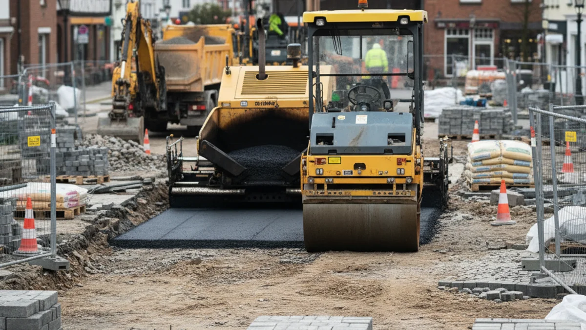 Vista genèrica d'un poble petit amb obres d'infraestructura en curs i maquinària de construcció.