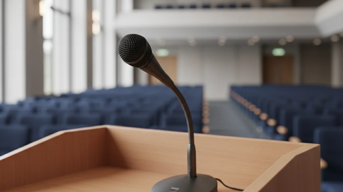 Un micròfon sobre una taula en una sala de conferències buida.