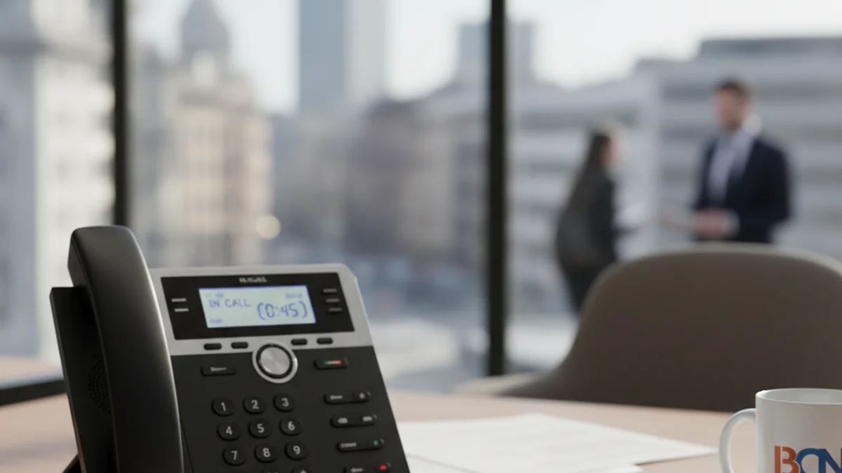 Imatge genèrica d'un telèfon d'oficina i una llibreta sobre una taula.