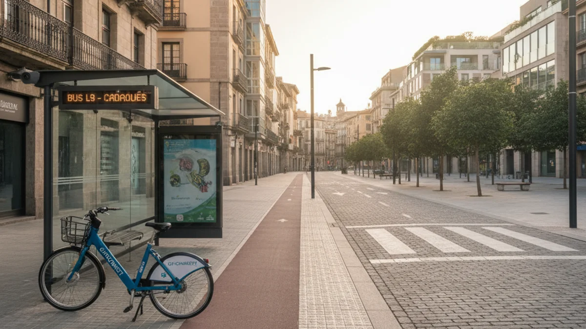 Imagen genérica de una zona de movilidad urbana con carril bici y parada de autobús.