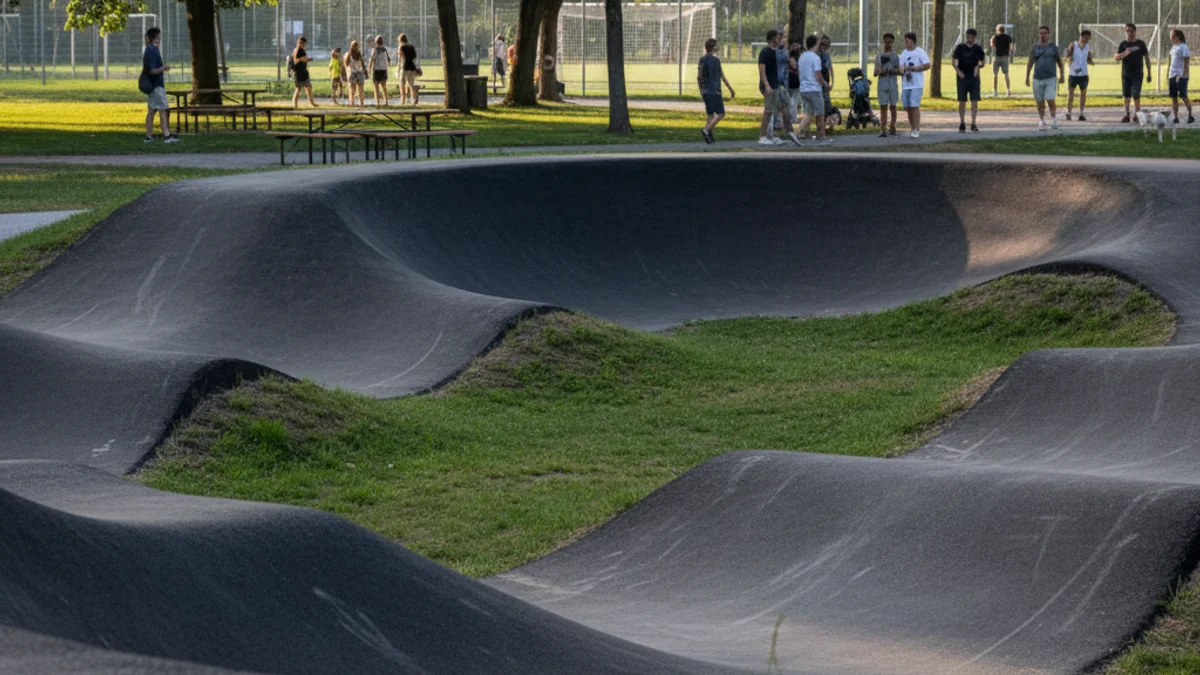 Generic image of a pump track circuit with asphalt waves and curves in a sports area.