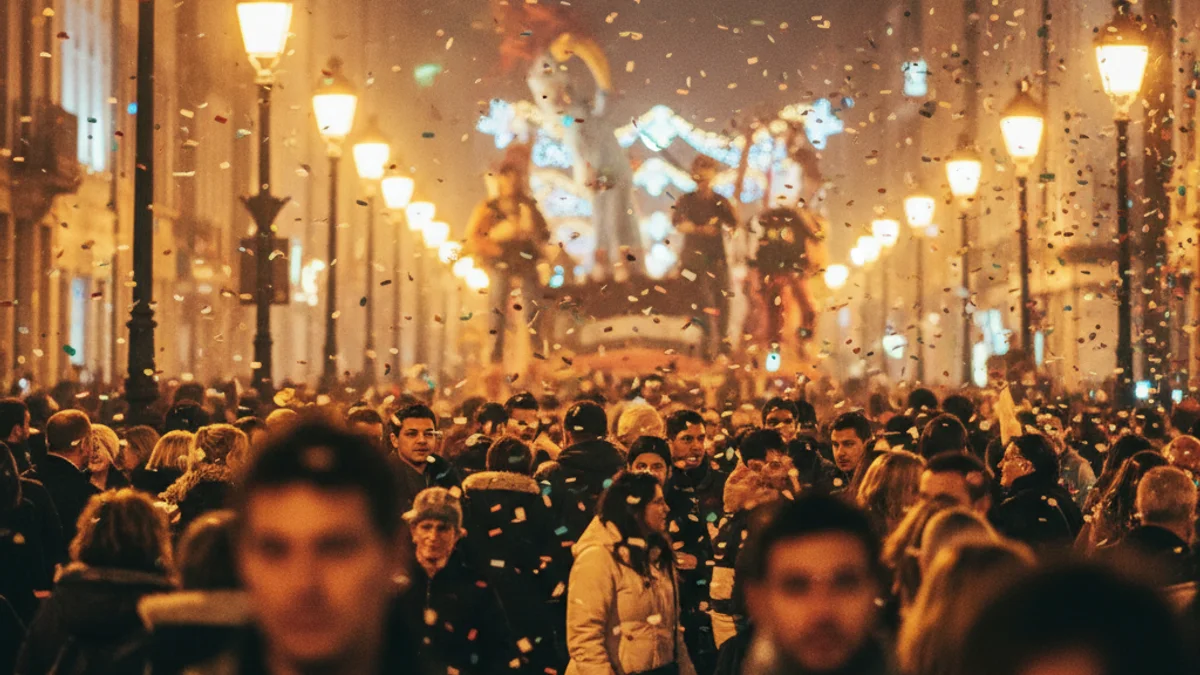 Imagen genérica de una celebración callejera con confeti y luces festivas.