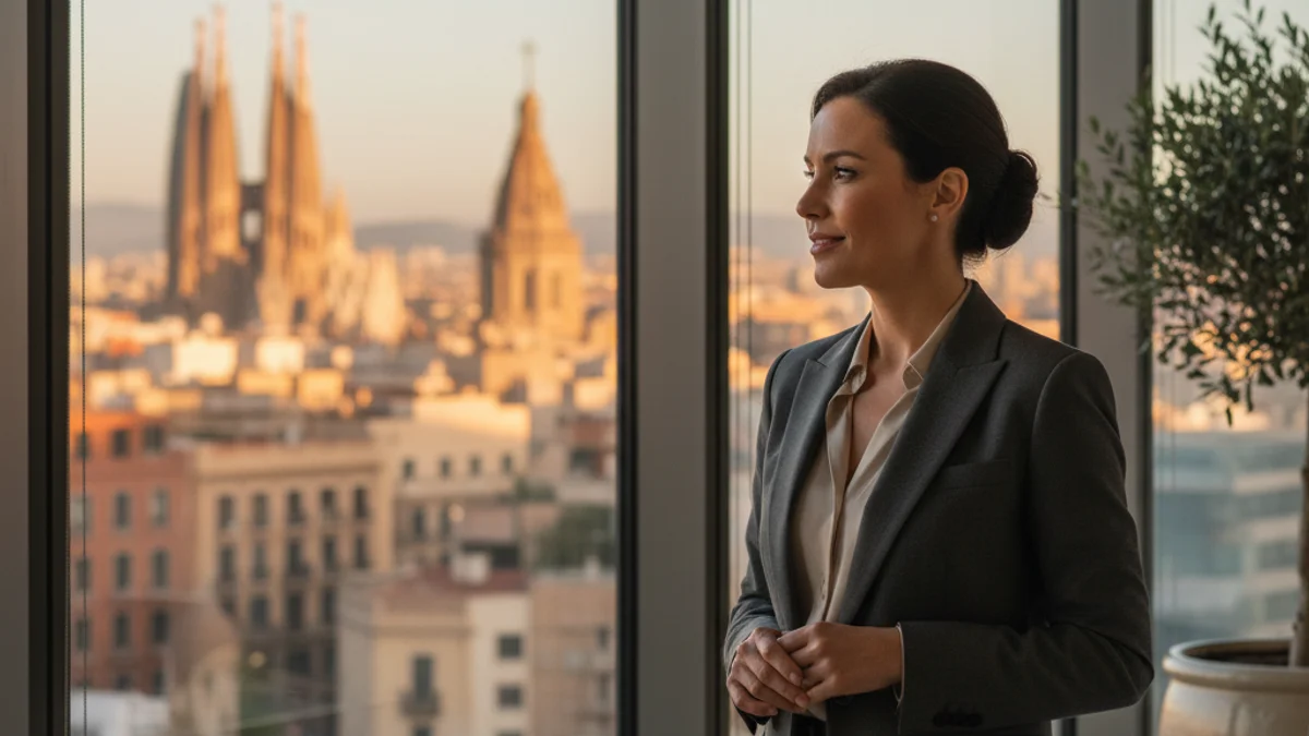 Imatge genèrica d'una professional contemplant l'horitzó de Barcelona des d'una oficina.