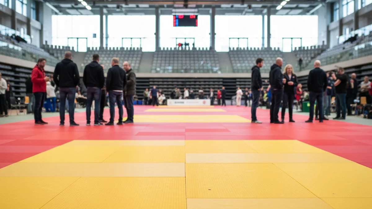Imatge genèrica d'un tatami de judo preparat per a una competició oficial.